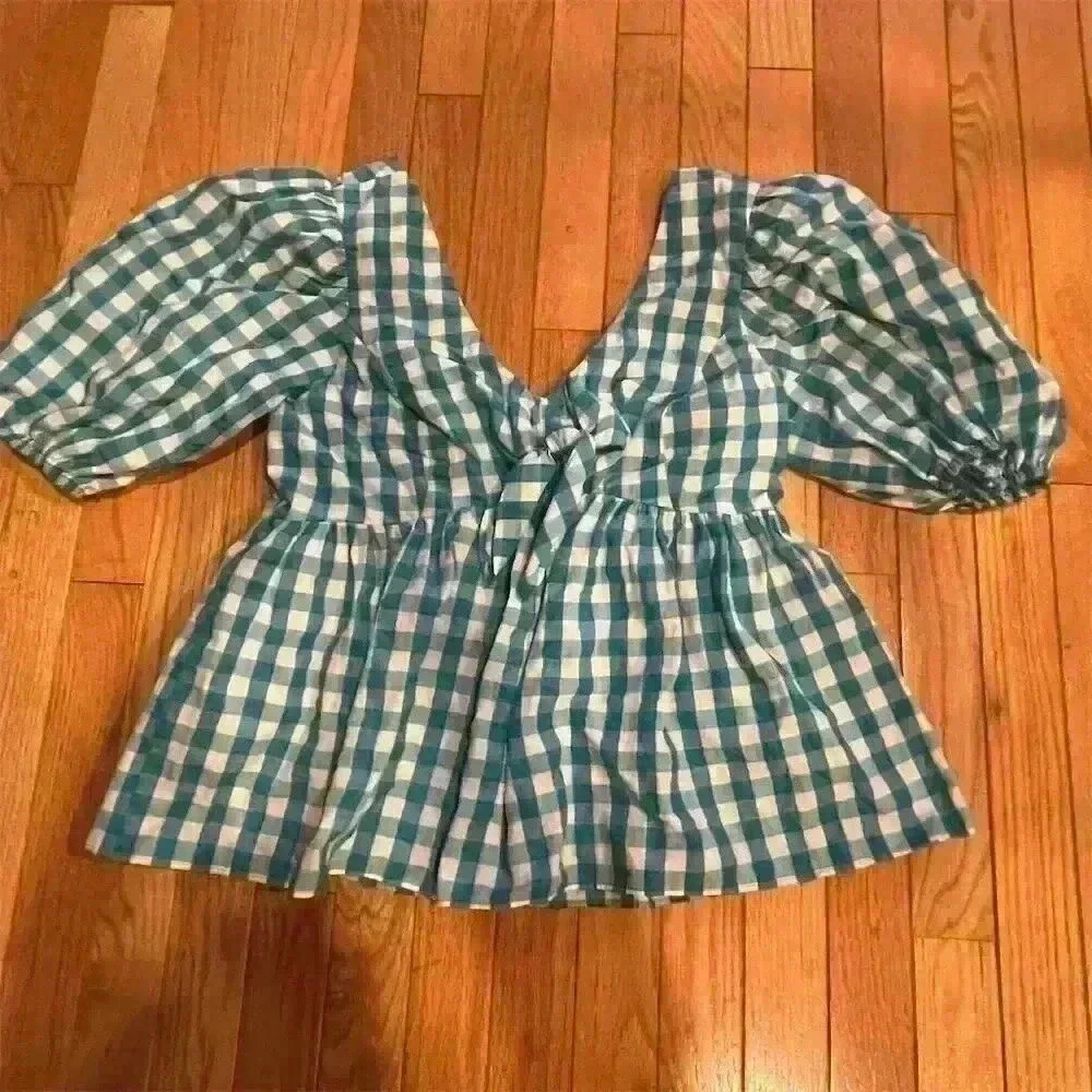 Lilly Pulitzer Women's Blue Check Sarafina Short Sleeve Blouse Size 6